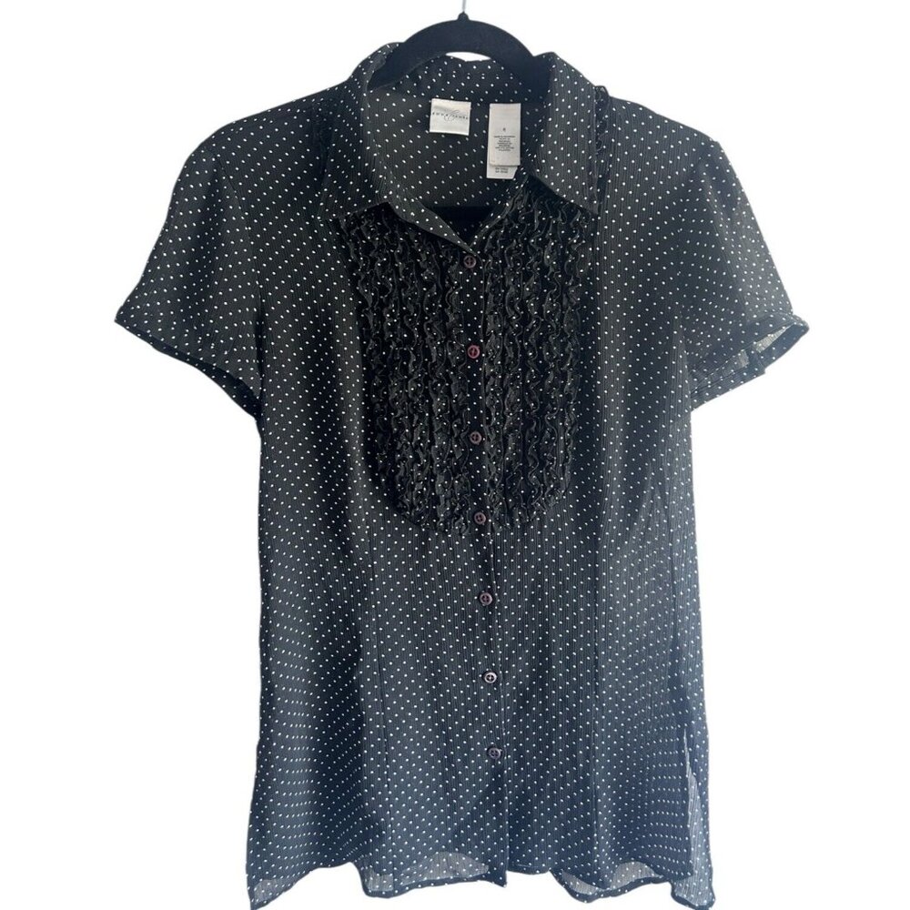EMMA JAMES Black Polka Dot Poly Georgette Ruffle Short Sleeve Blouse Size 6